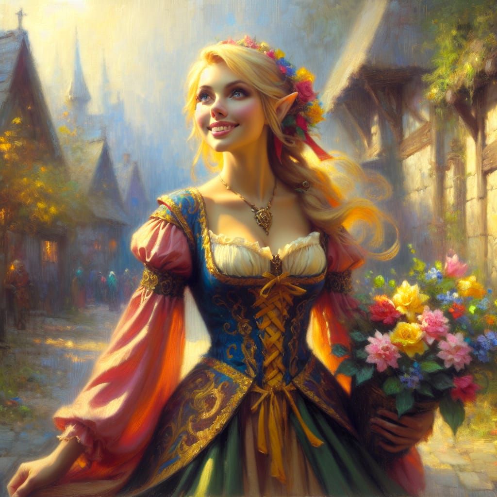 Joyful Medieval Elf Strolls Through Enchanted Forest Town