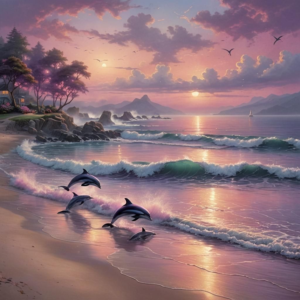 Pink and Purple Sunset Beach with Dolphins