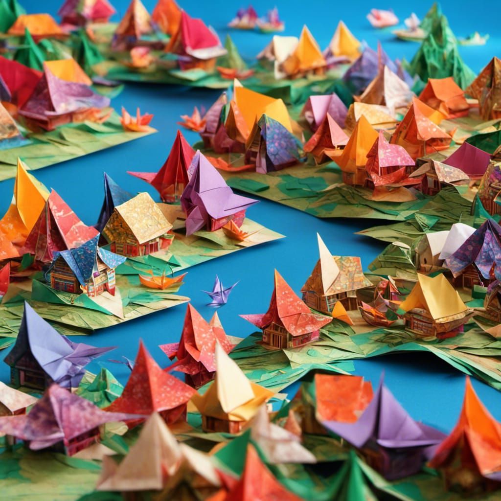 Origami Japanese Town Harbor with Bright Colors