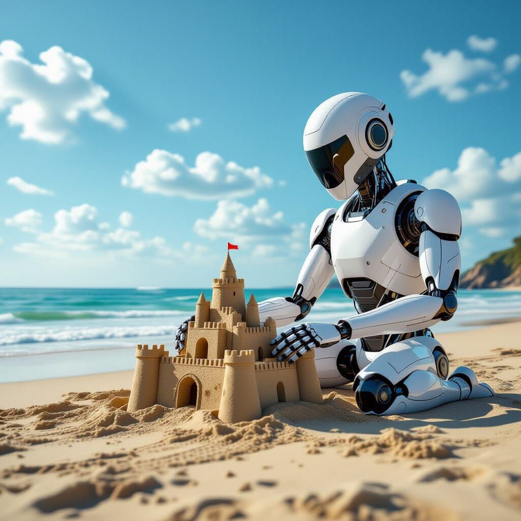 ai entity buildin' a sandcastle on a coastal beach