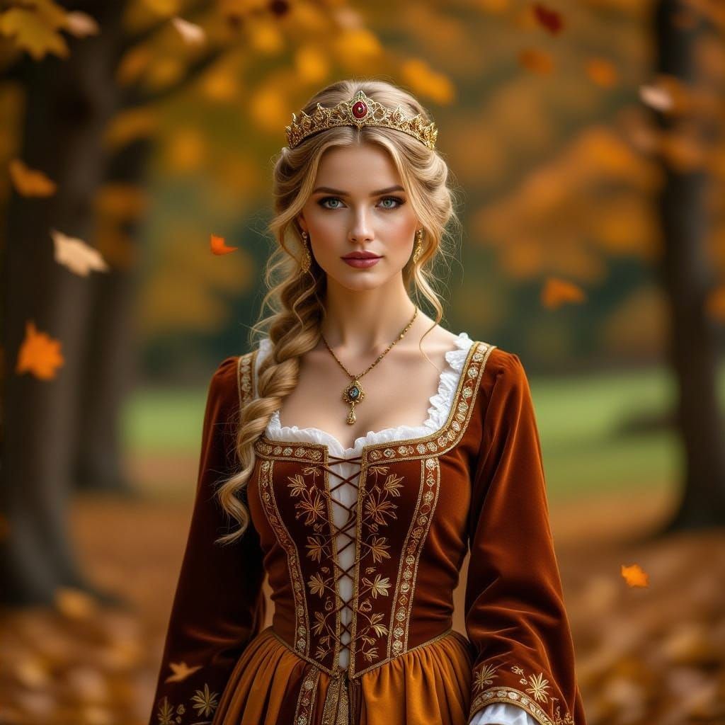 Germanic Goddess Zisa in Autumn Grove, Hyperrealistic