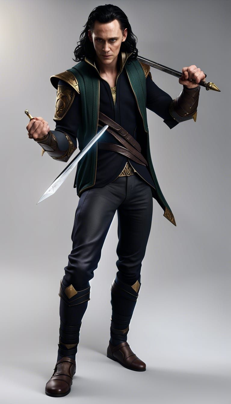 Loki Wielding Sword in 3D Cinematic Style