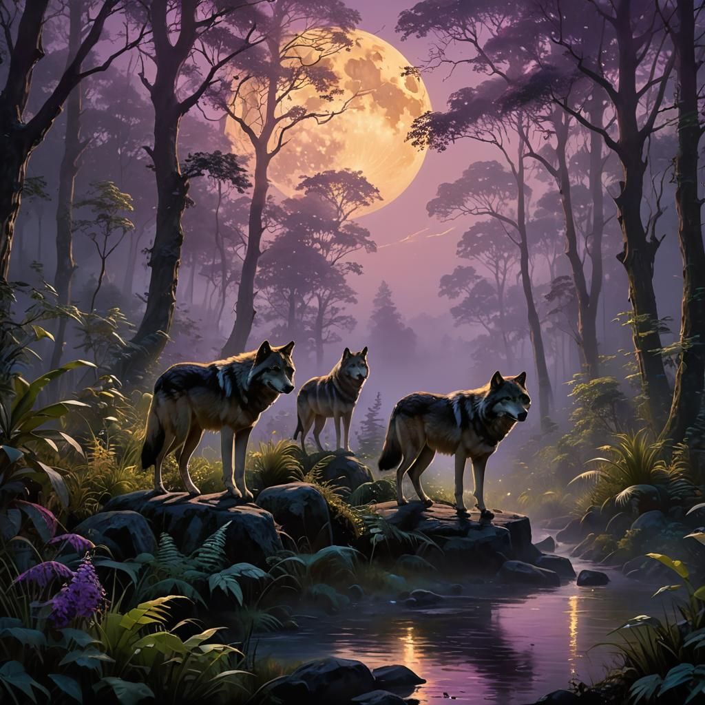 Wolves Hunting Under Moonlight in Ethereal Style