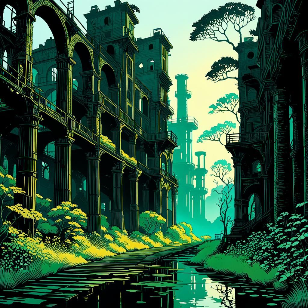 Nature Reclaims Industrial Ruins: Intricate Silhouette Illus...