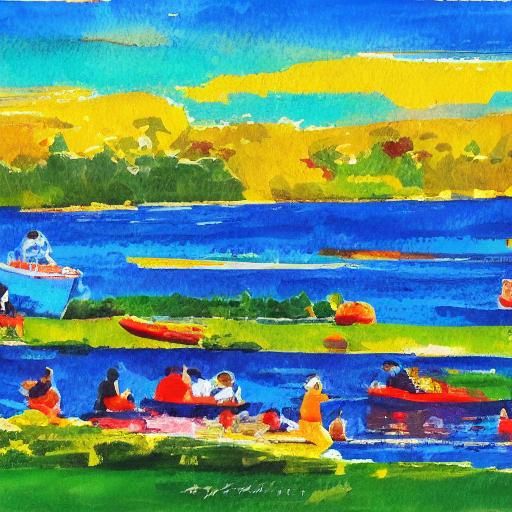 Lakeside Picnic Scene in Abstract Art Style