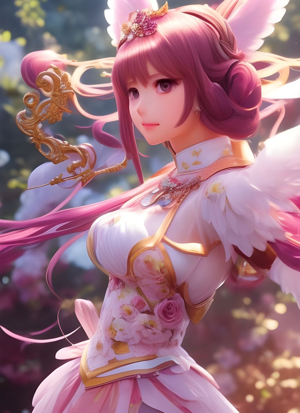 Magical Girl Portrait with Angel Wings in Digital Art Style