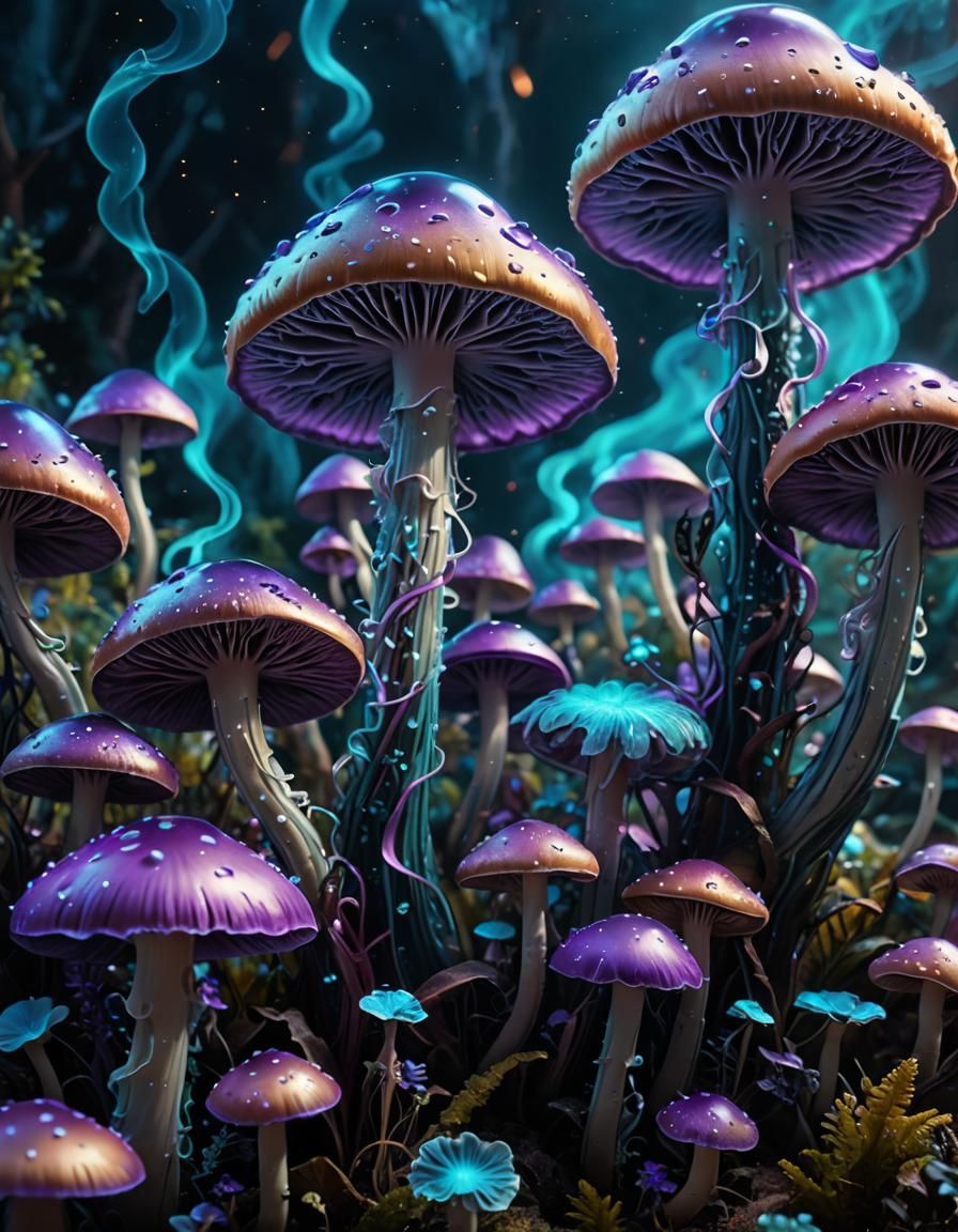 Celestial Opalescent Mushrooms Dissolving into Smoke