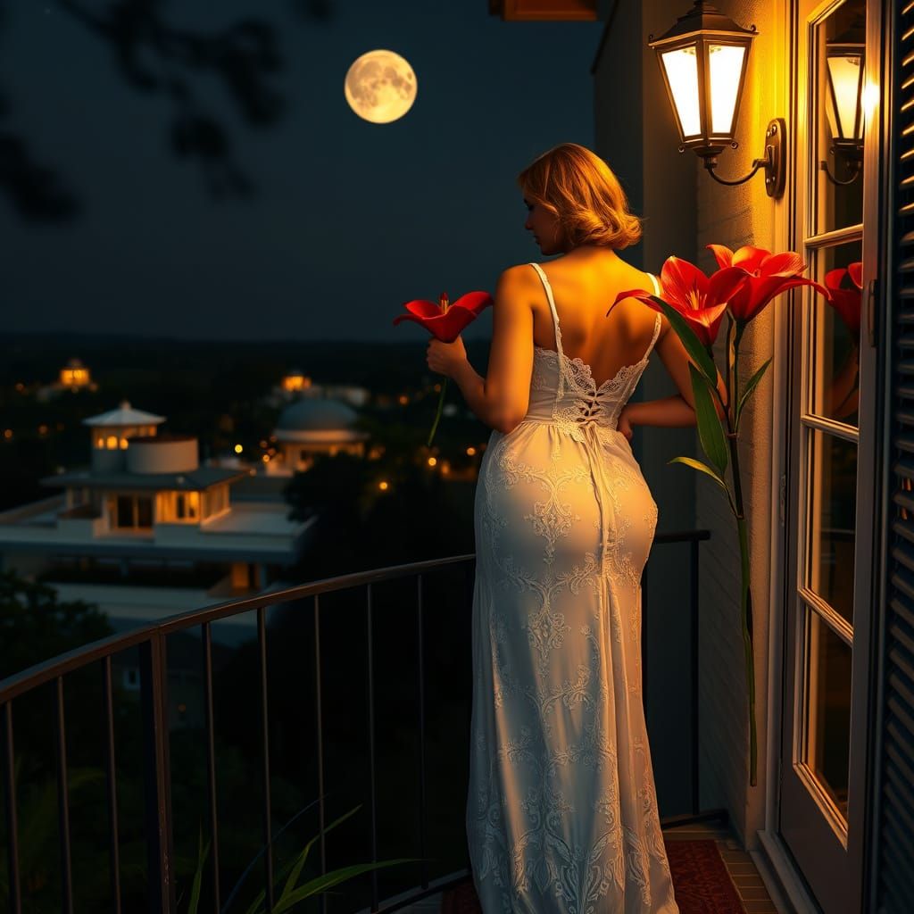 Romantic Lady in White Lace Gown Holding Red Lily