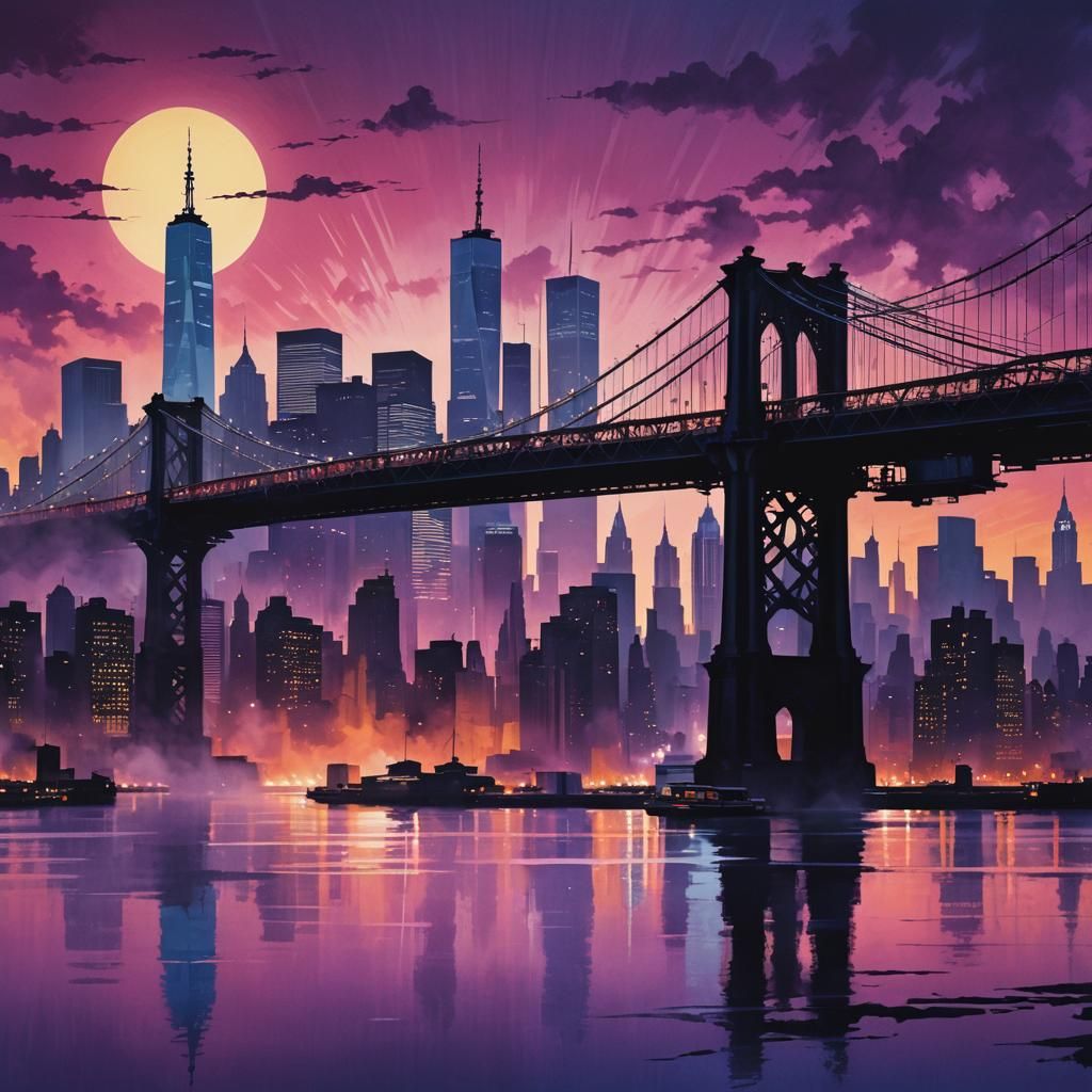 New York City Skyline in Abstract Ukiyo-e Style