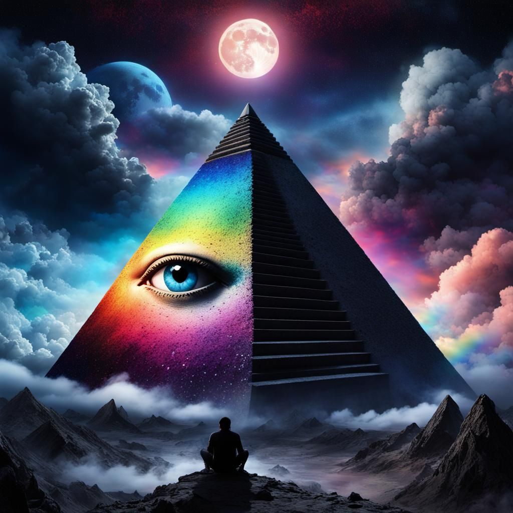 Eyeball Pyramid Cult at Sunset: Impressionist Horror