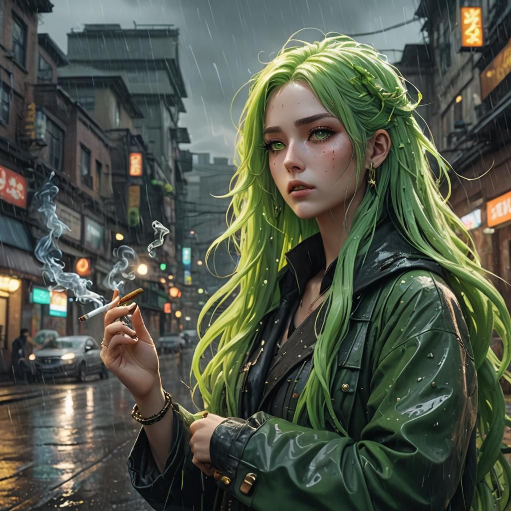 Anime Girl Smoking in Rain: Detailed Digital Painting