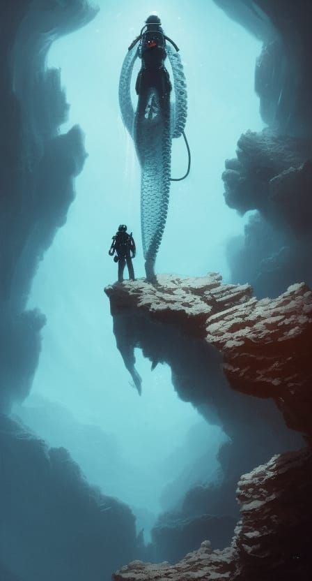 Diver and Giant Squid in Volumetric Light