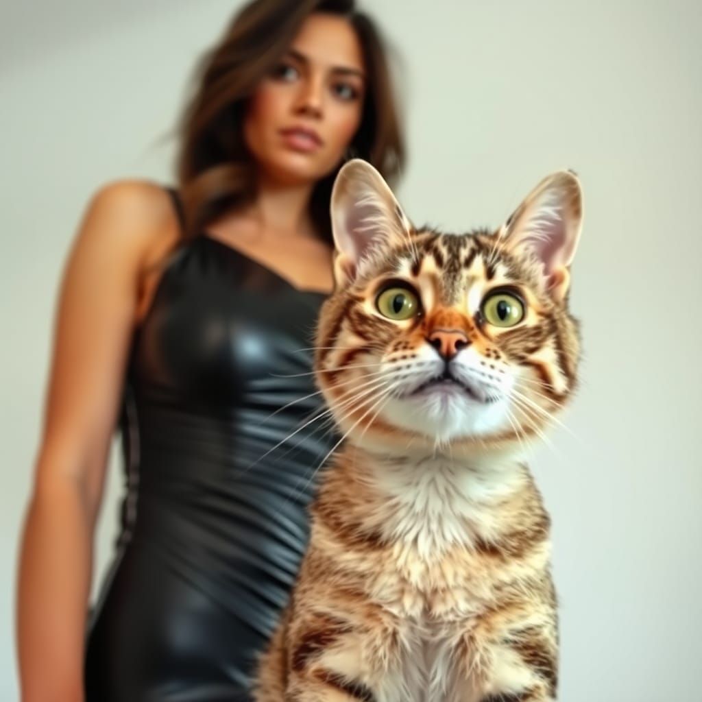 Woman in Latex Dress with Cute Cat