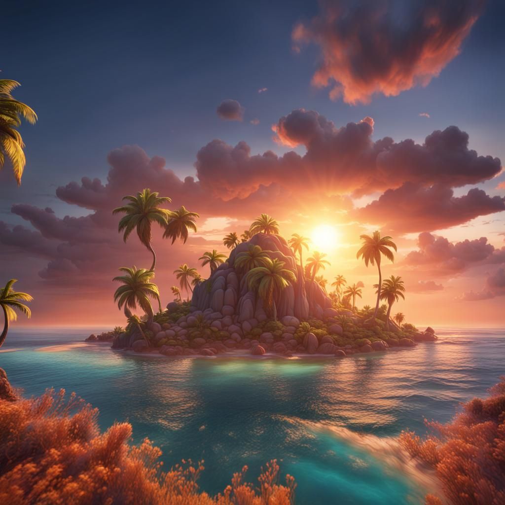 Colorful Oasis Island Sunset: Fantasy Concept Art