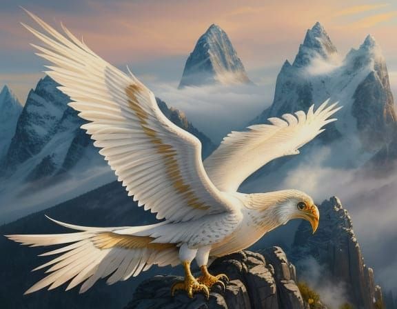 Griffin Soaring Over Misty Mountains in Pastel Inks