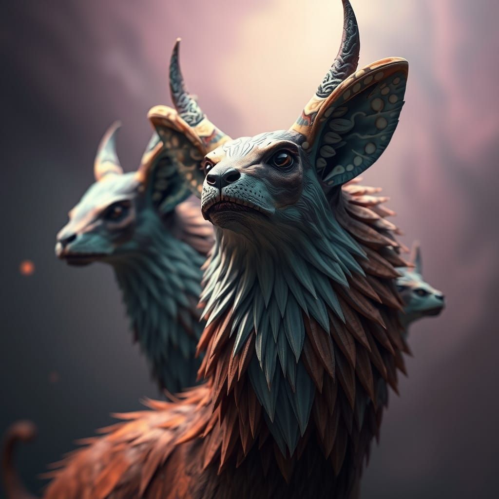 Fantastical Creatures with Intricate Cube Heads in Vibrant C...