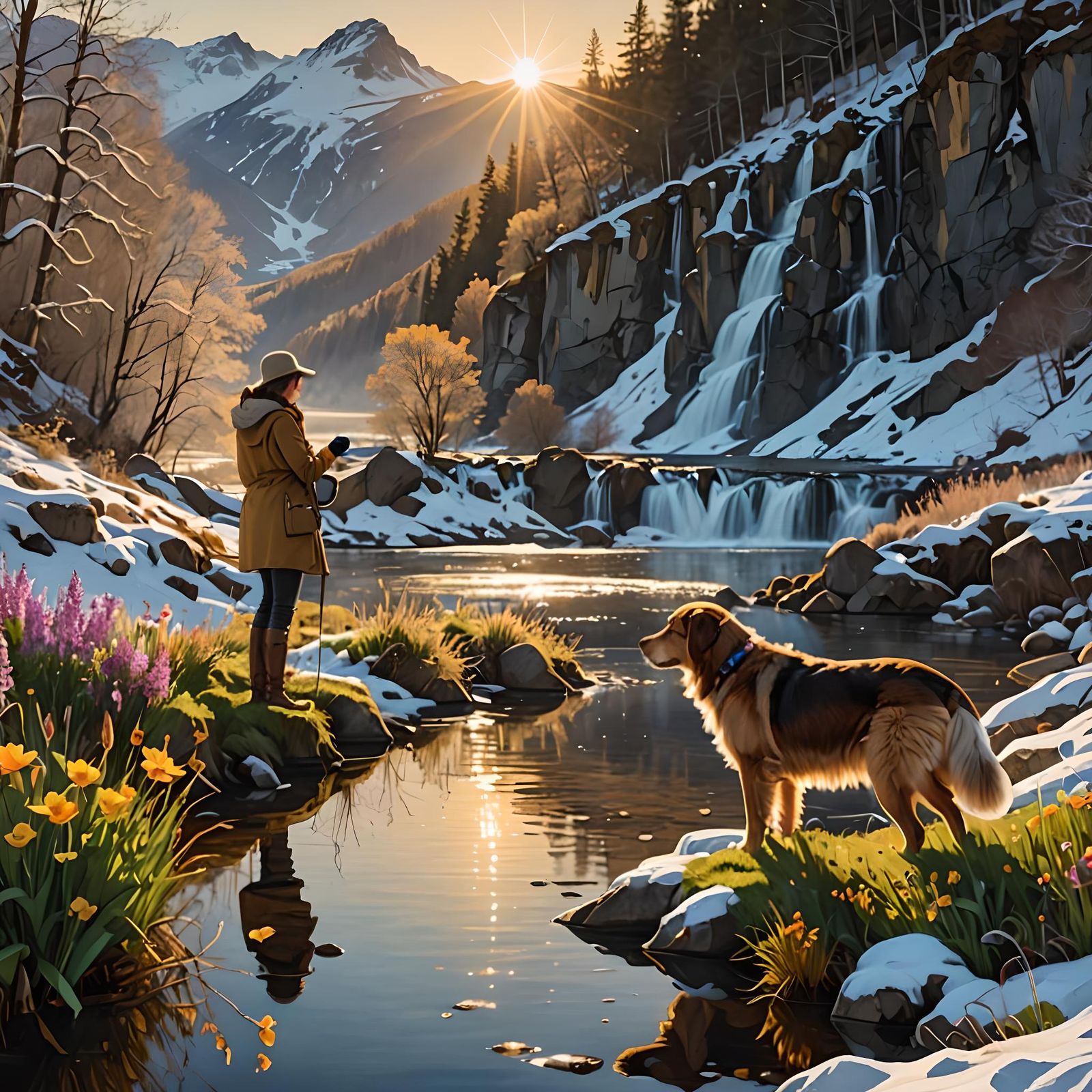 Glowing Riverscape with Woman, Dog, and Rabbit