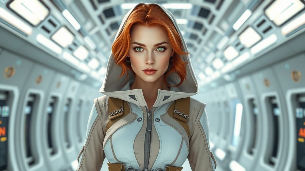 Confident Redhead in Futuristic Space Station Attire