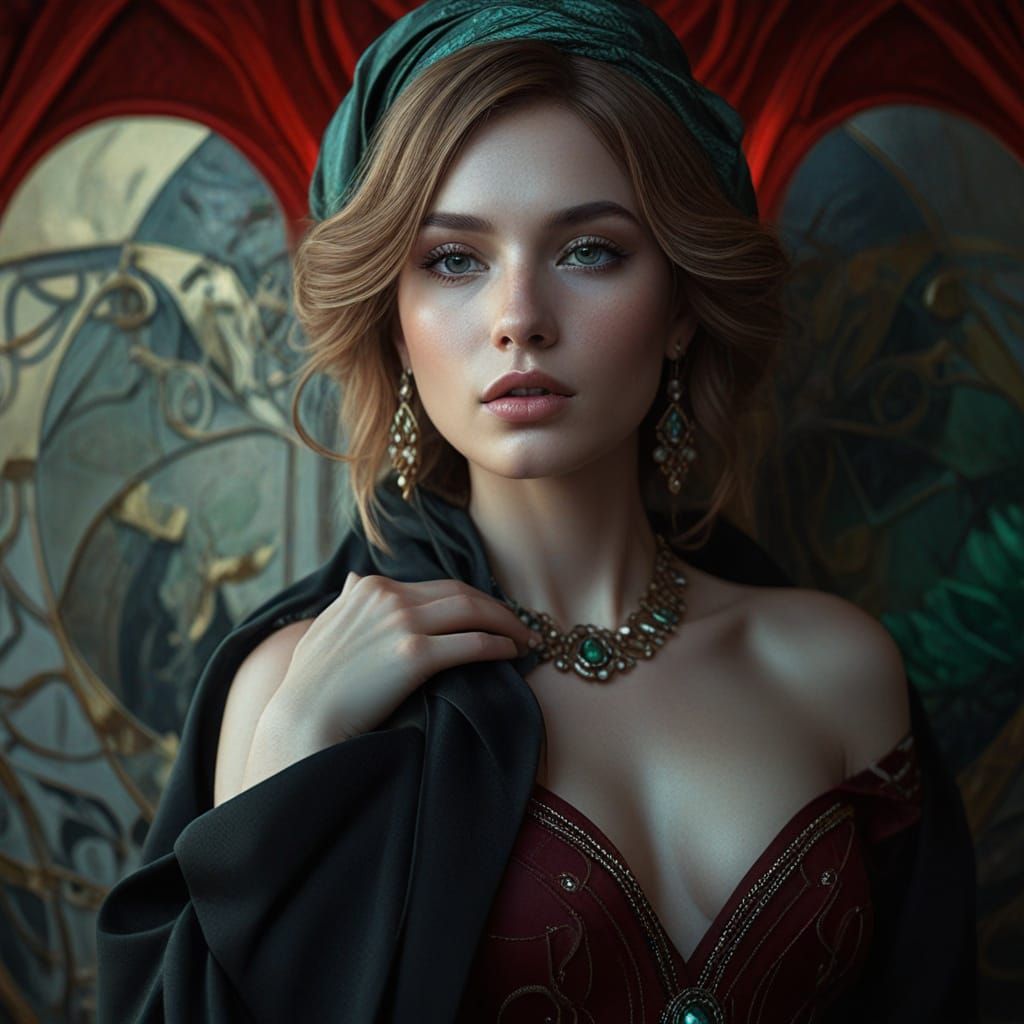 Woman with Copper Hair and Emerald Jewelry in Dramatic Light...