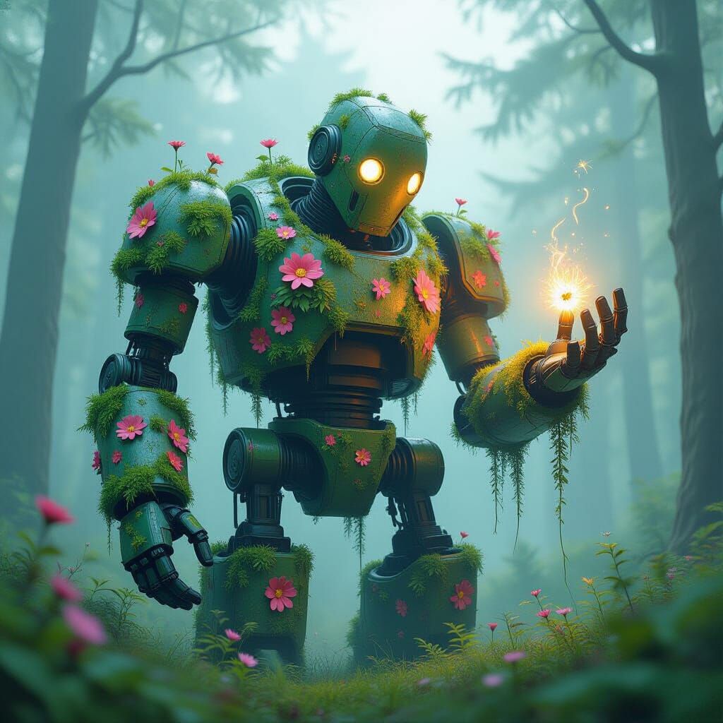 Moss-Covered Robot in Misty Forest, Pastel Art