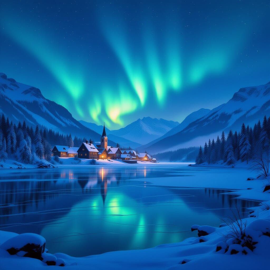 Medieval Village with Aurora, Romanticism Style