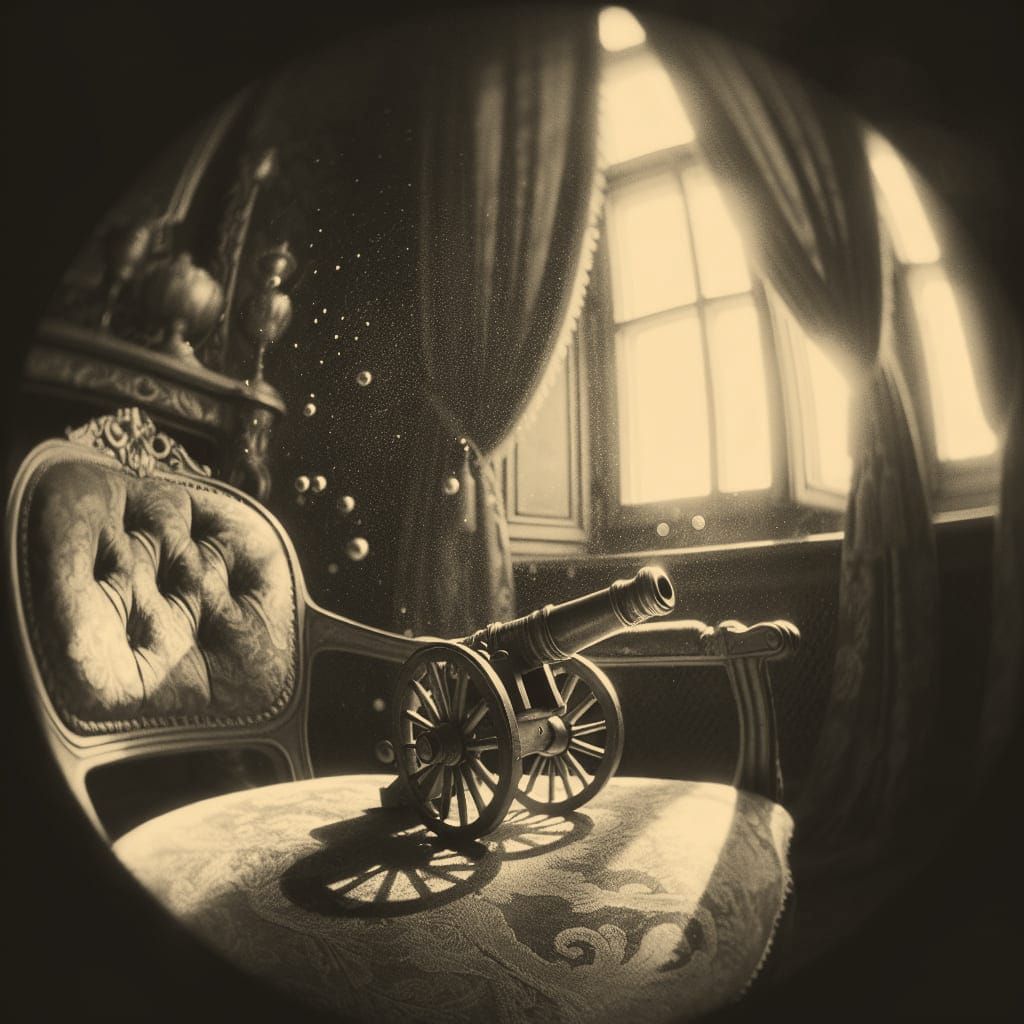 Miniature Cannon on Antique Chair, Film Noir Style