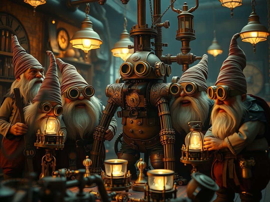 Steampunk Gnomes Assembling Automaton in Workshop