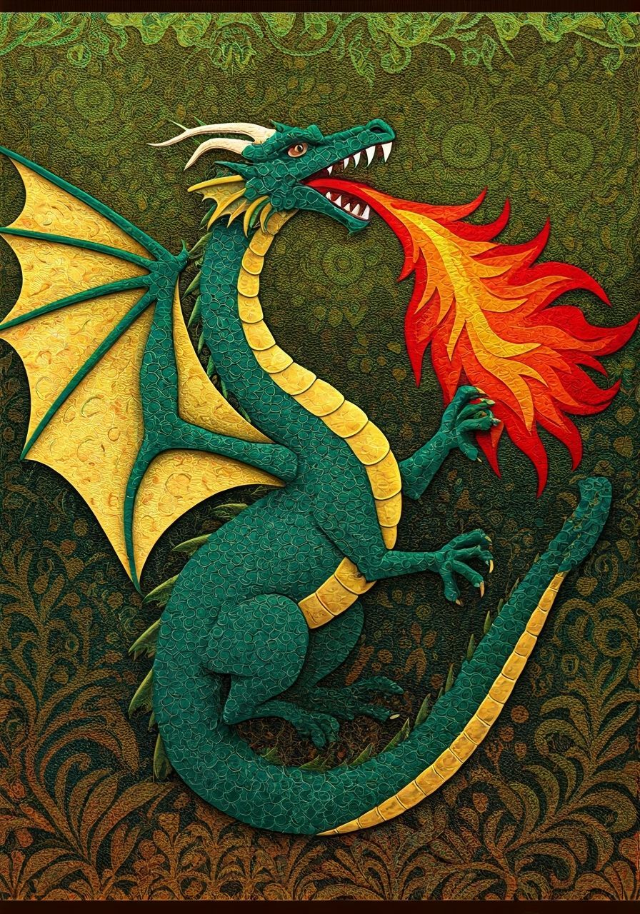 Dragon Rearing Up in Arts & Crafts Felt Collage