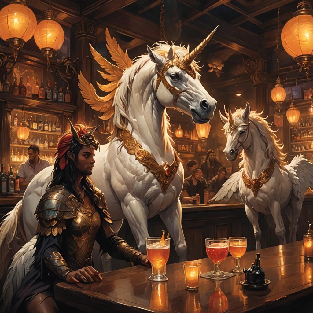Mythical Creatures at a Bar: Fantasy Realism Art