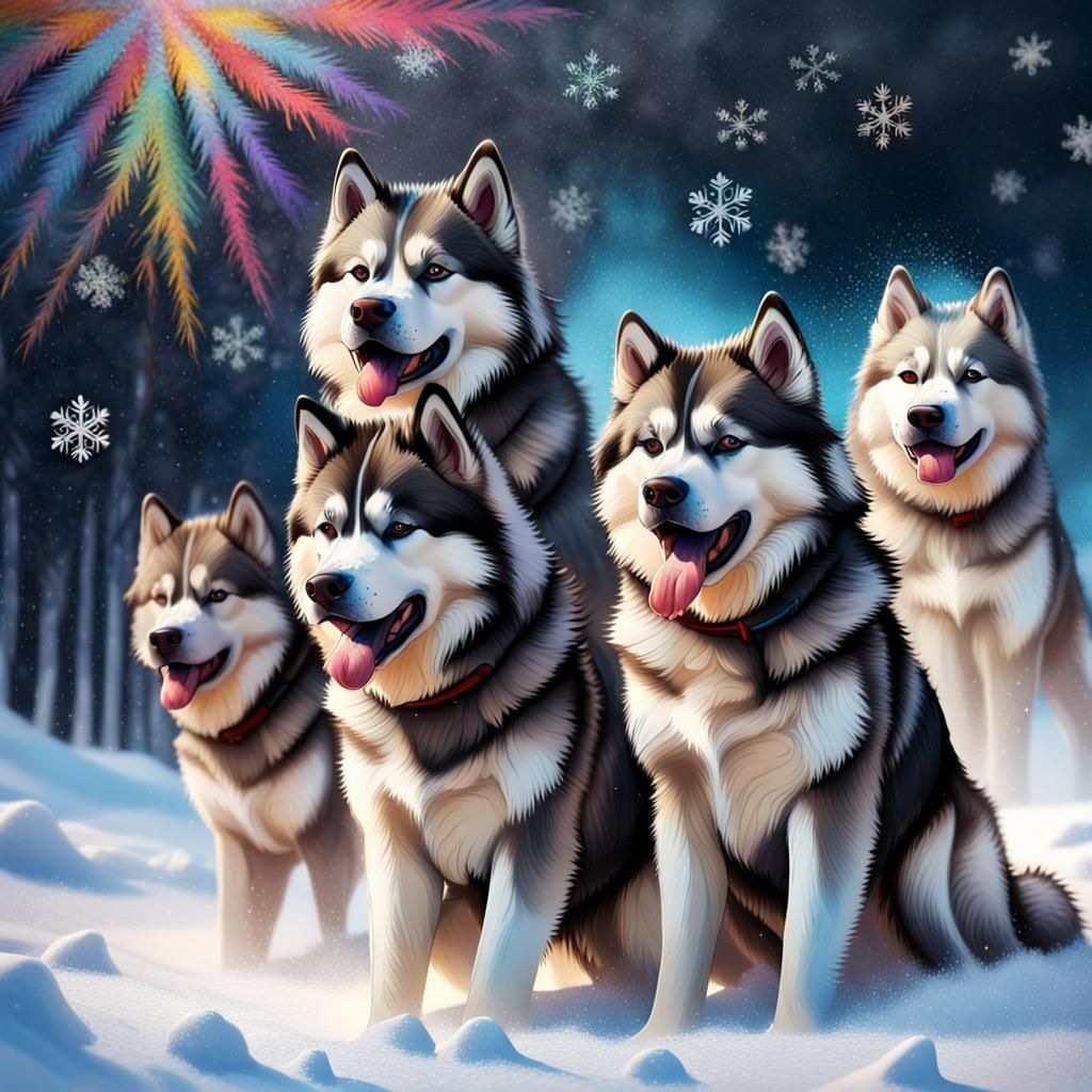 Colorful Crayon Drawing of Malamute Dogs in Snow