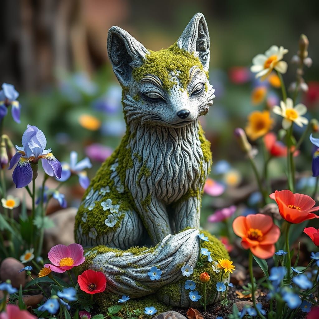 Mossy Stone Fox in Whimsical Woodland Scene