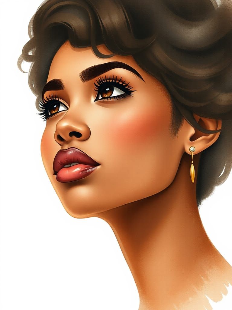 Elegant Watercolor Portrait of Woman Gazing Upward