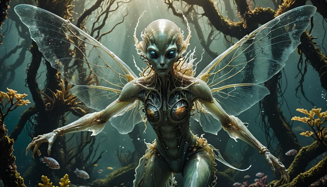 Albino Ram-Horned Alien Nymph in Lovecraftian Style