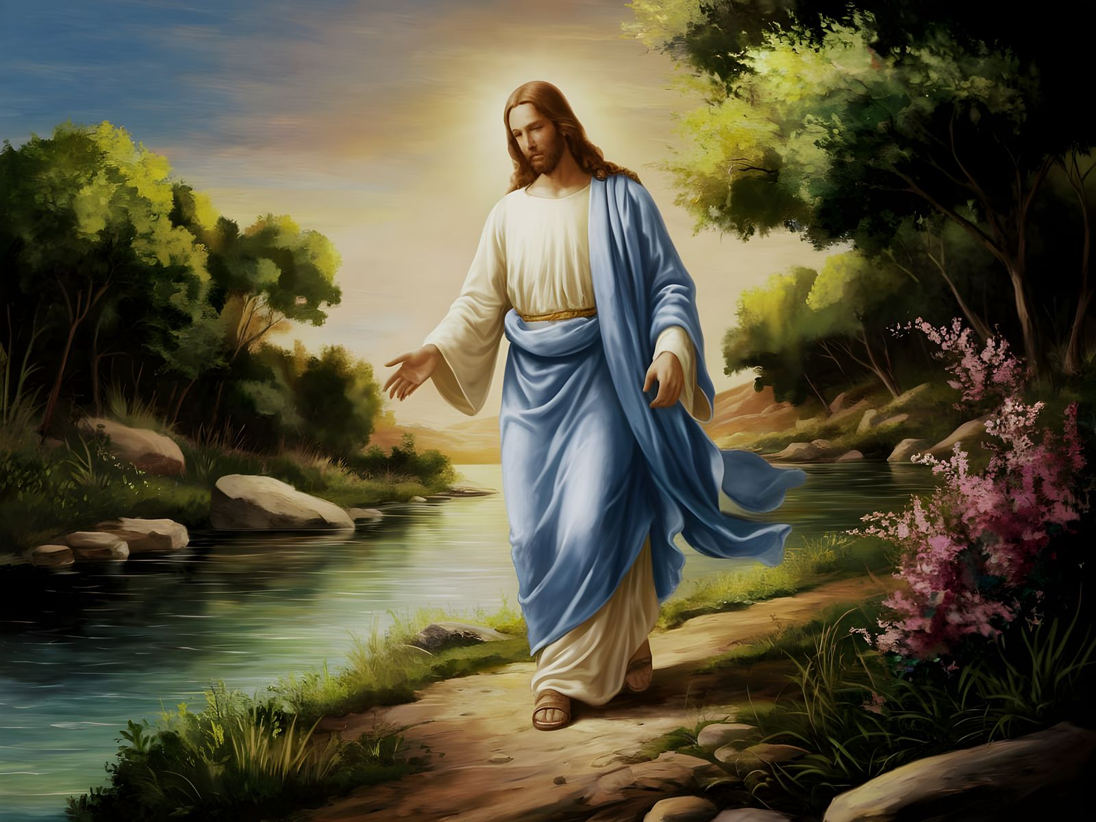 Jesus Christ Walking Along River Jordan in Golden Light Oil ...
