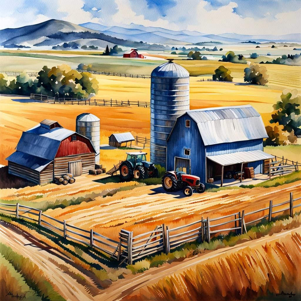 Watercolor Aerial View of Farm With Blue Sky