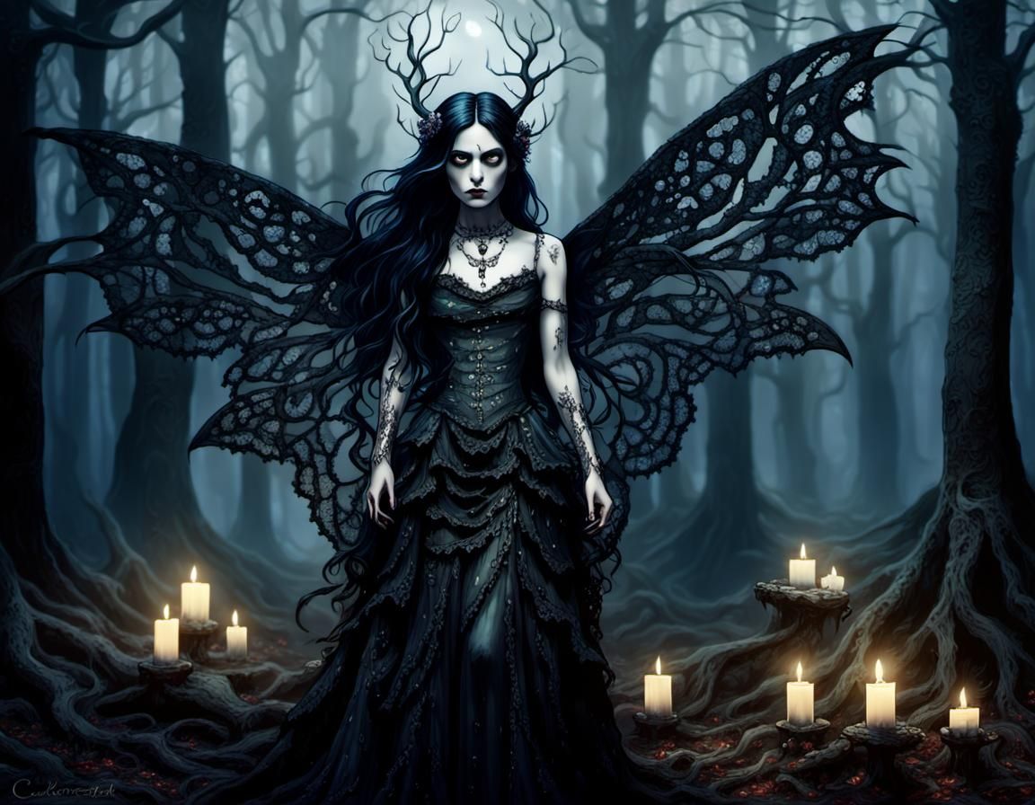 Gothic Fairy in Moonlit Forest: Dark Fantasy Art