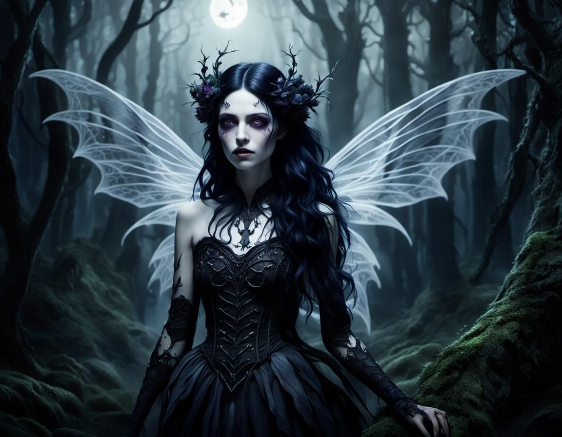 Gothic Fairy in Bioluminescent Forest: Digital Art
