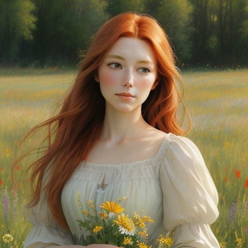 Auburn Haired Woman in Sunlit Meadow, Impressionistic Style