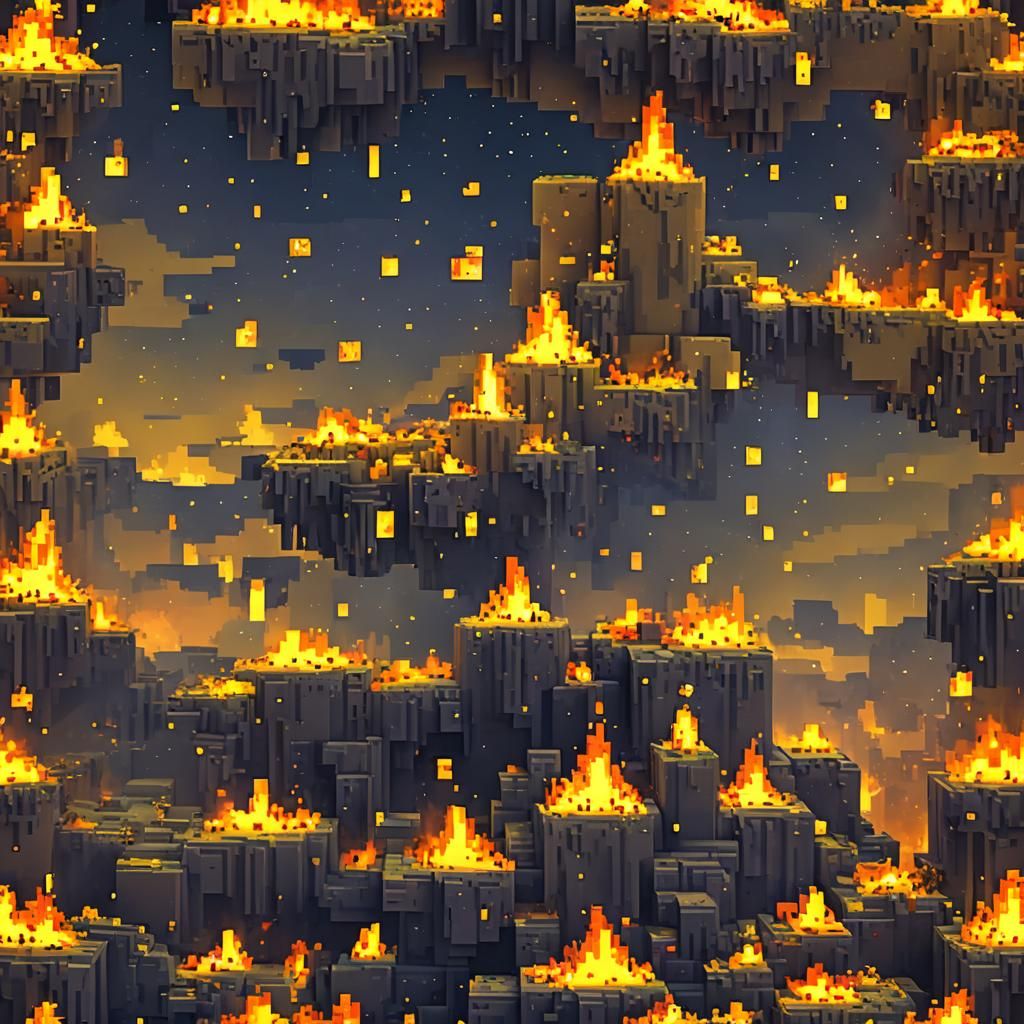 Minecraft-Style Yellow Night Sky with Fire
