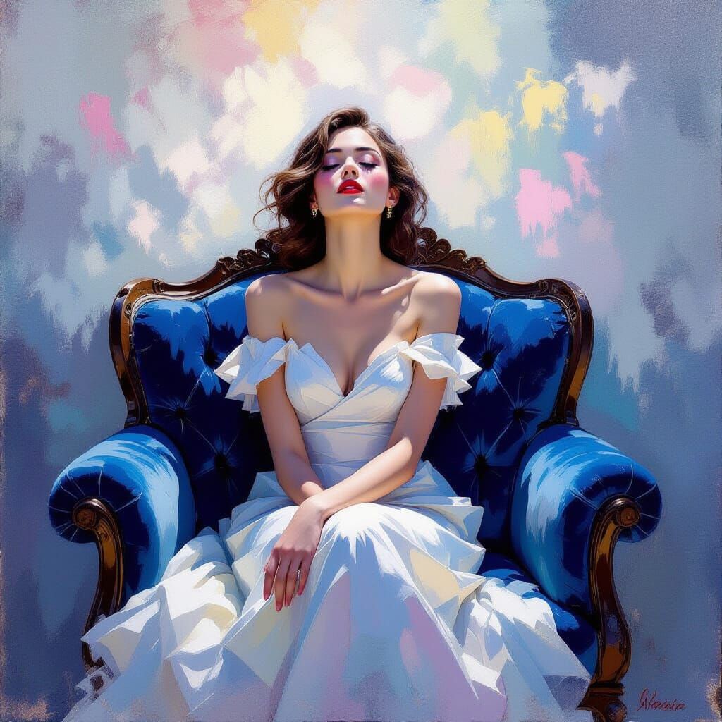 Woman in Blue Velvet: Impressionist Rococo Painting