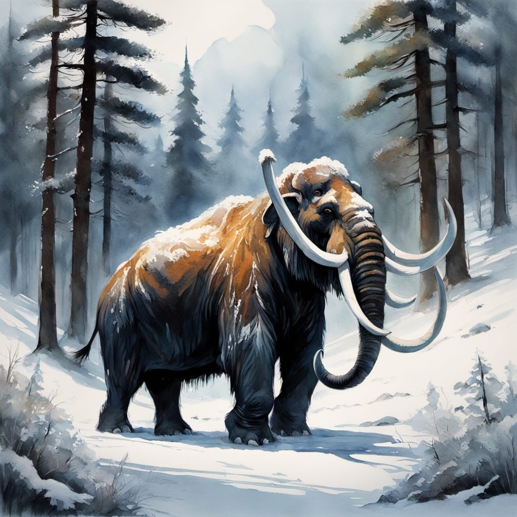 Woolly Mammoth in Snowy Valley: Pastel Wash