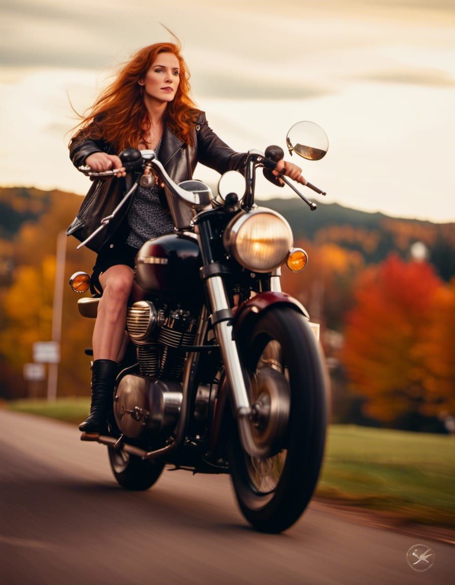 Redhead on Classic Motorbike in Vermont Autumn