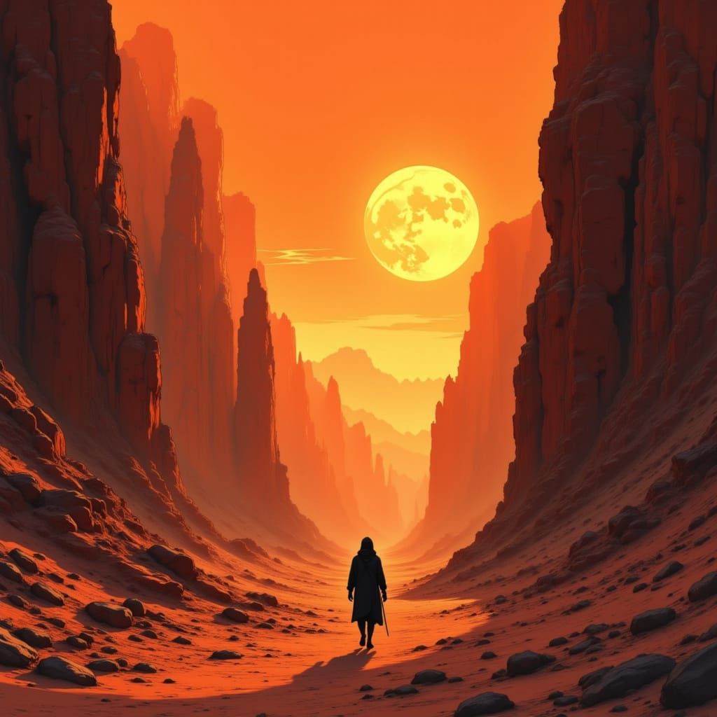 Hooded Traveler in Alien Canyon Landscape