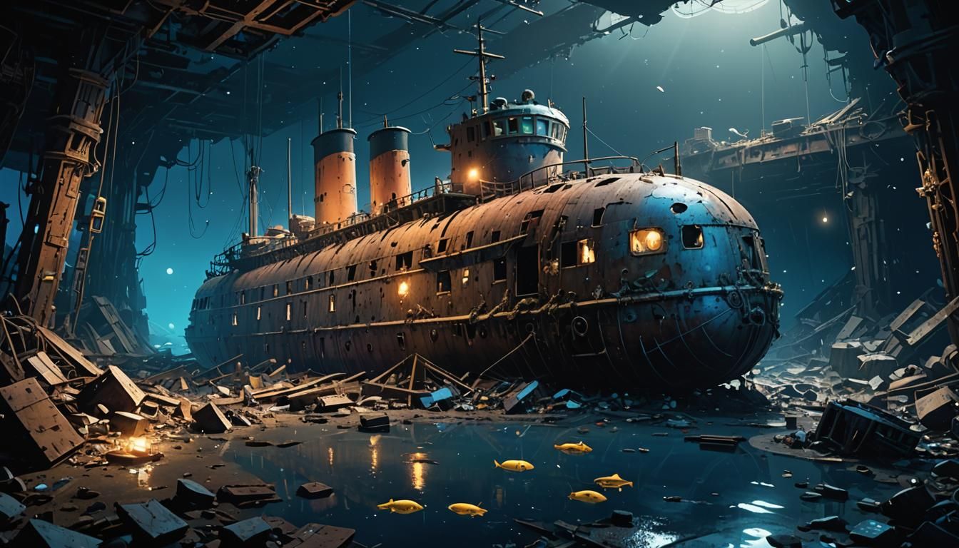 Titanic Wreckage Illuminated by Deep Sea Submersible