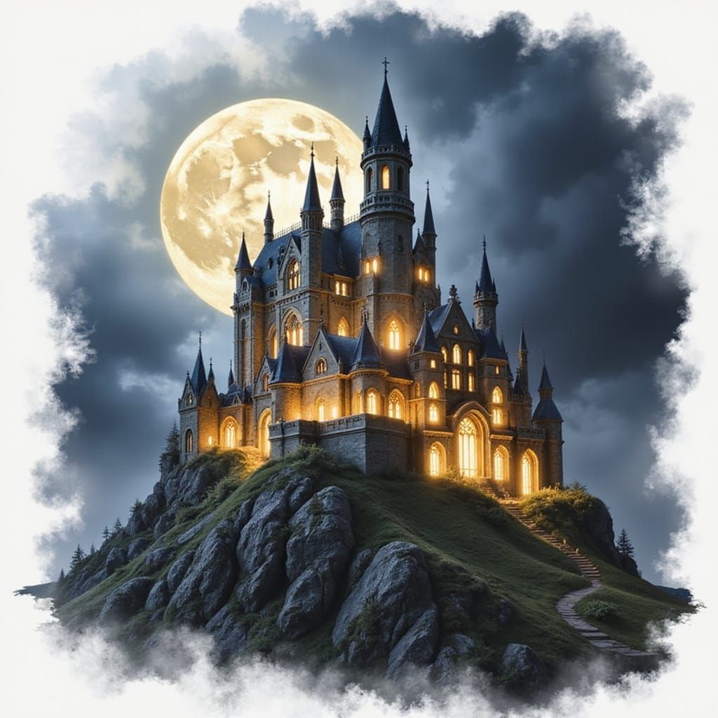 Ethereal Gothic Castle Basks in Moonlit Shadows