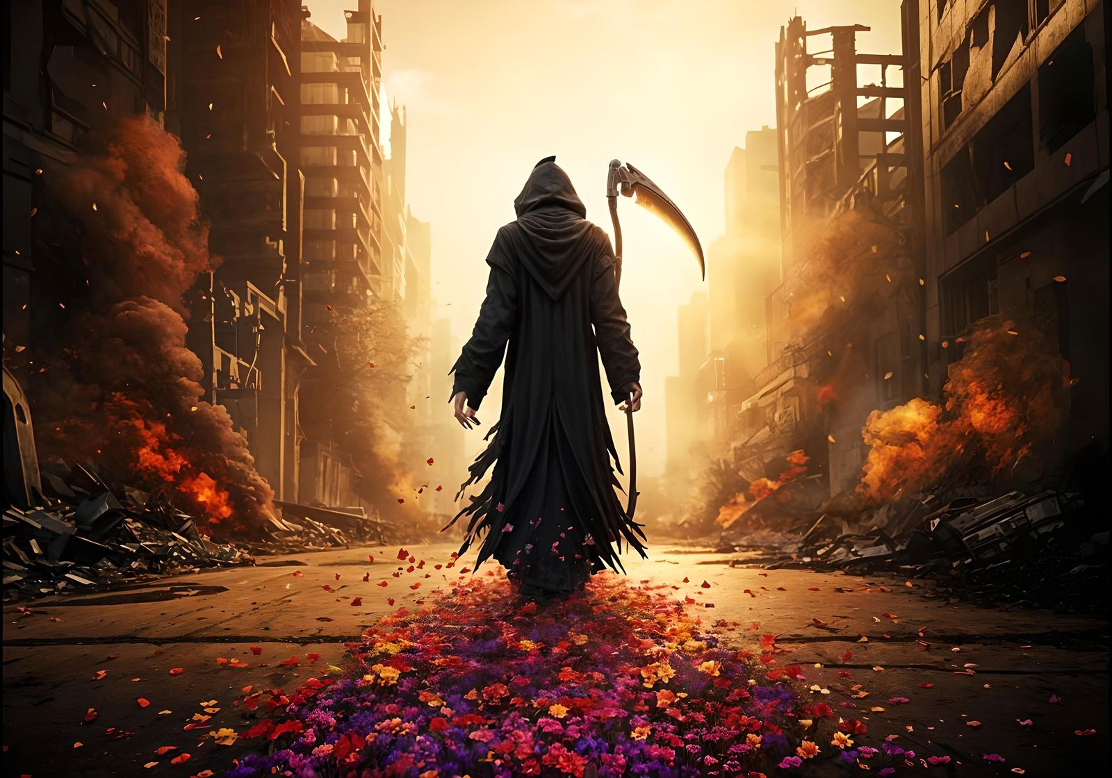 Grim Reaper's Floral Path Through Ruins