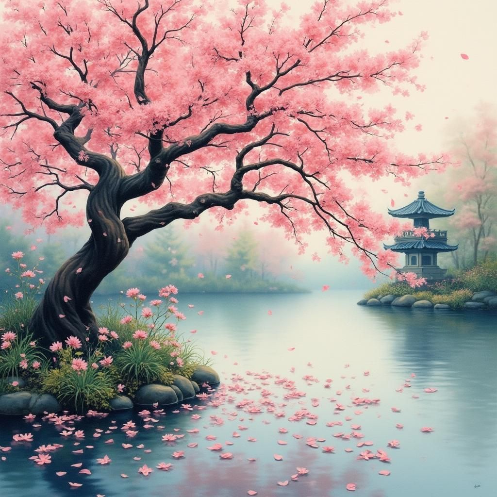Cherry Blossom Tree in Japanese Garden, Ukiyo-e Style