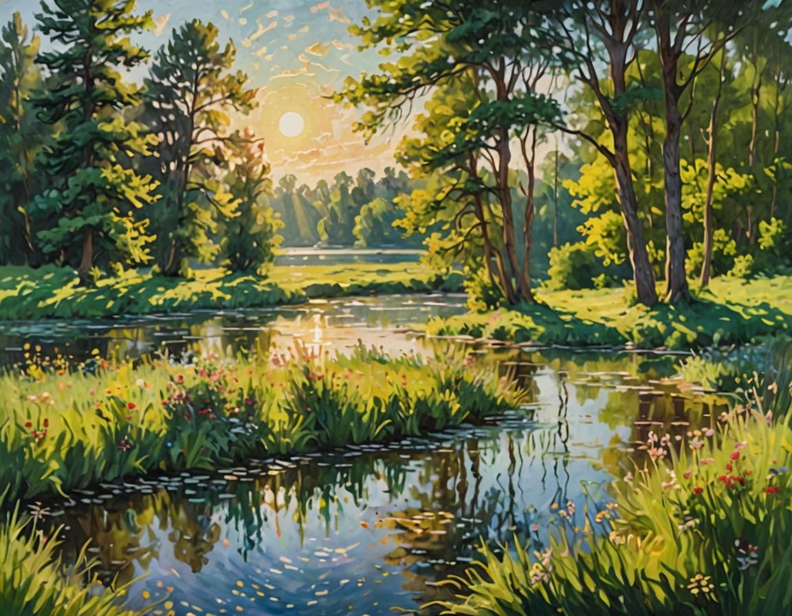 Impressionist Meadow Landscape with Golden Light