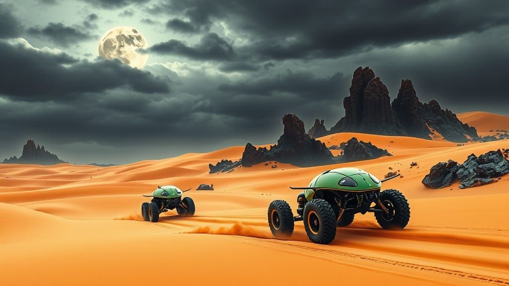 Alien Sand Dunes Race in Stormy Landscape