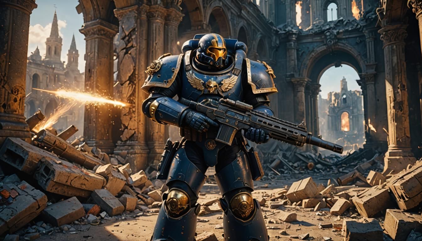 Space Marine in Ruined City, Warhammer 40k Art